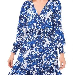 Vince Camuto V Neck Tiered Dress Blue Floral Long Sleeve Mini